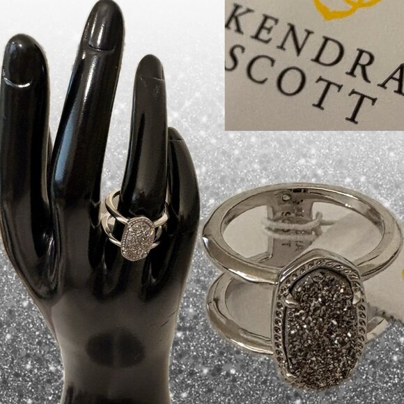 Kendra Scott Silver Rodium Plated Platinum Drusy Oval & Open Elyse Ring-Size-6 - Picture 1 of 7